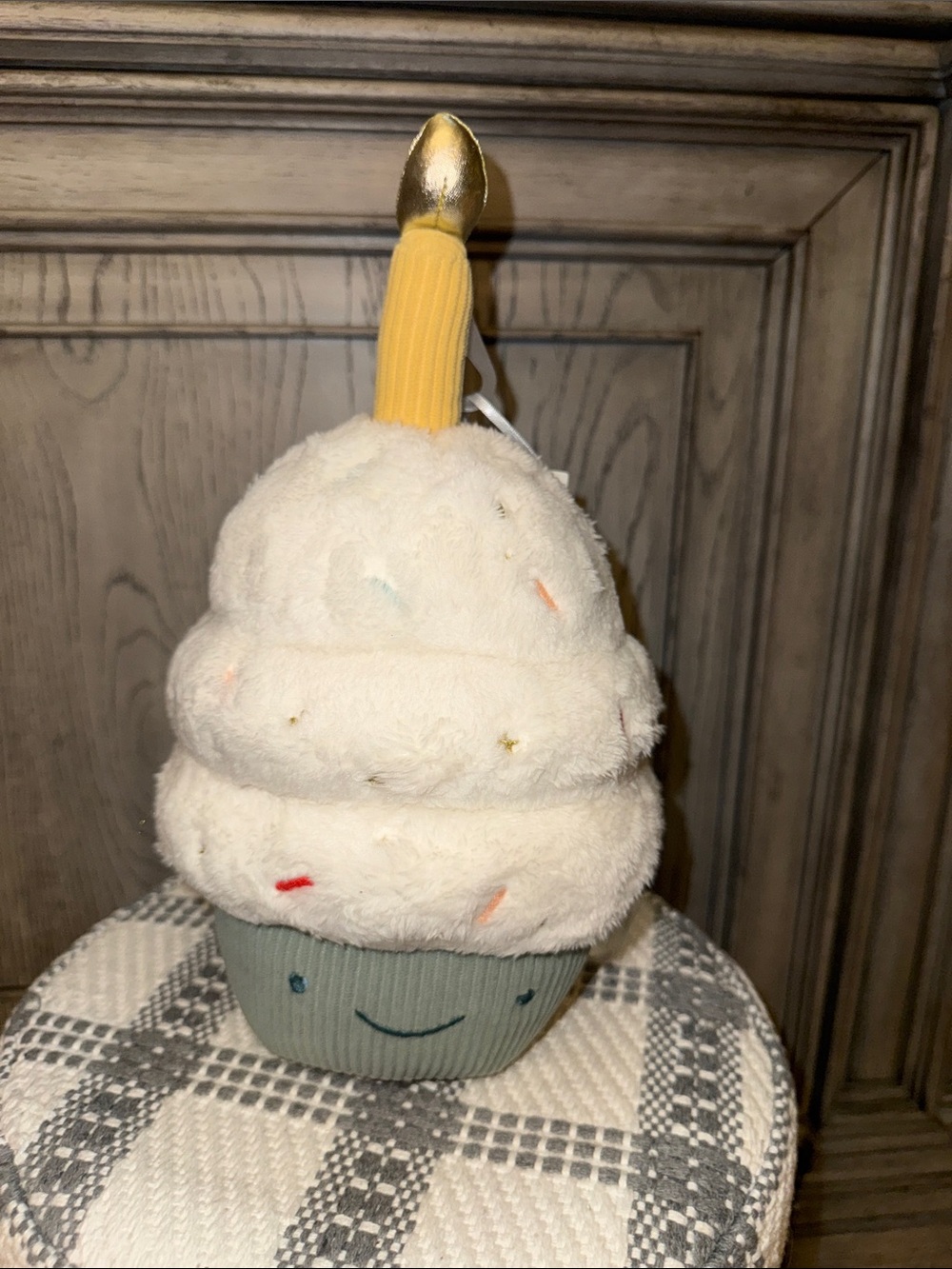 cloud island Cream & Gold Cupcake Plush with Light Blue Base